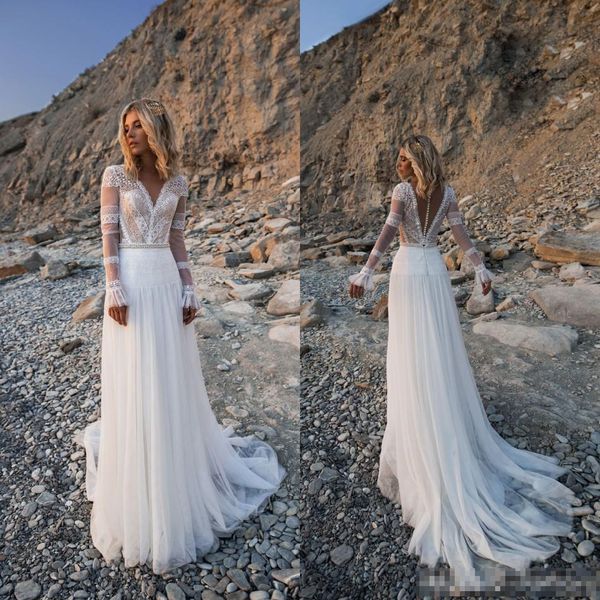 2019 boho beach wedding dresses long sleeves v neck lace covered buttons illusion bodice custom made plus size a line wedding gown, White
2019 boho beach wedding dresses long sleeves v neck lace covered buttons illusion bodice custom made plus size a line wedding gown, White