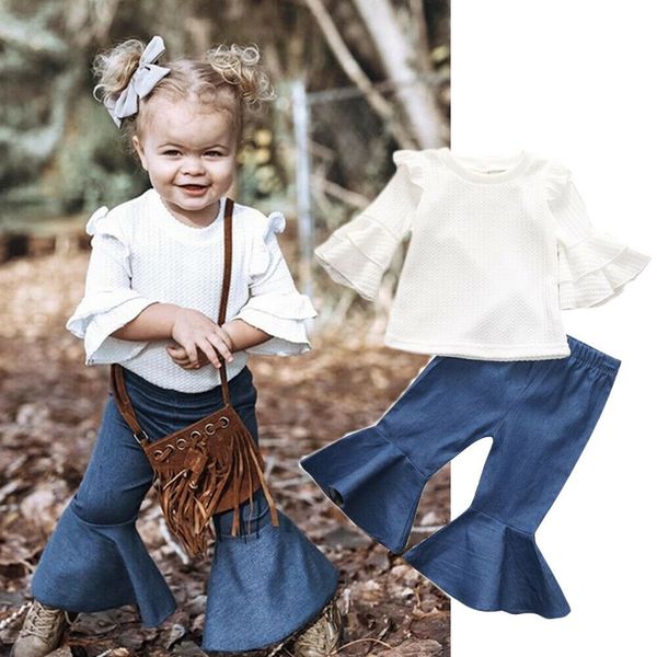 1-5years kid baby girls outfits sets white trumpet sleeve flared trousers pants