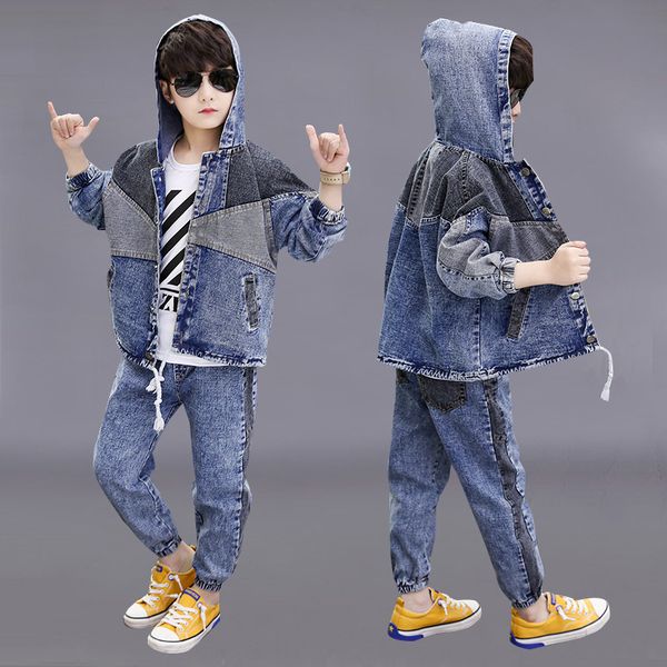 clothing sets children's big boy denim tracksuits spring and autumn kids clothes 2pcs suit for boys fashion hooded jacket+pants, White 
clothing sets children's big boy denim tracksuits spring and autumn kids clothes 2pcs suit for boys fashion hooded jacket+pants, White