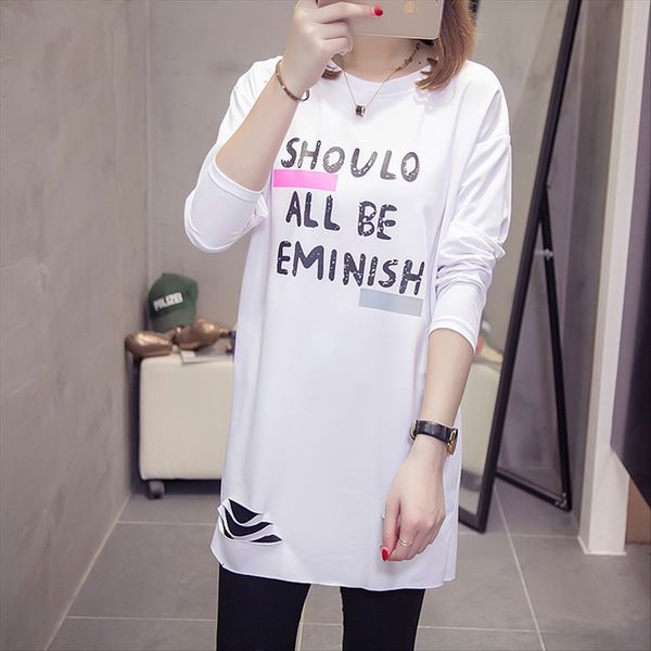 season long-sleeved type t-shirt loose student hole bottoming medium-length t-shirt female, White
season long-sleeved type t-shirt loose student hole bottoming medium-length t-shirt female, White