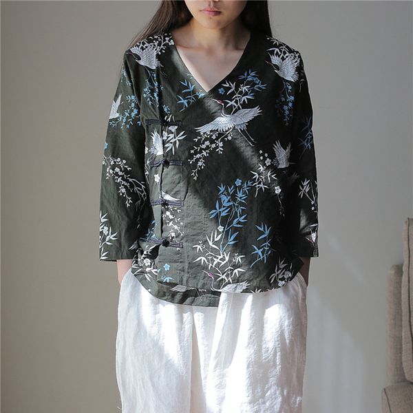 johnature summer new chinese vintage style print plate buckle loose women tops blouses 2019 v-neck three quarter sleeve shirts, White
johnature summer new chinese vintage style print plate buckle loose women tops blouses 2019 v-neck three quarter sleeve shirts, White