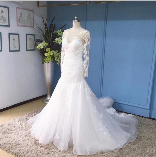 plus size elegant mermaid wedding dresses scoop long sleeves cathedral train zipper applique tulle bridal gowns, White
plus size elegant mermaid wedding dresses scoop long sleeves cathedral train zipper applique tulle bridal gowns, White