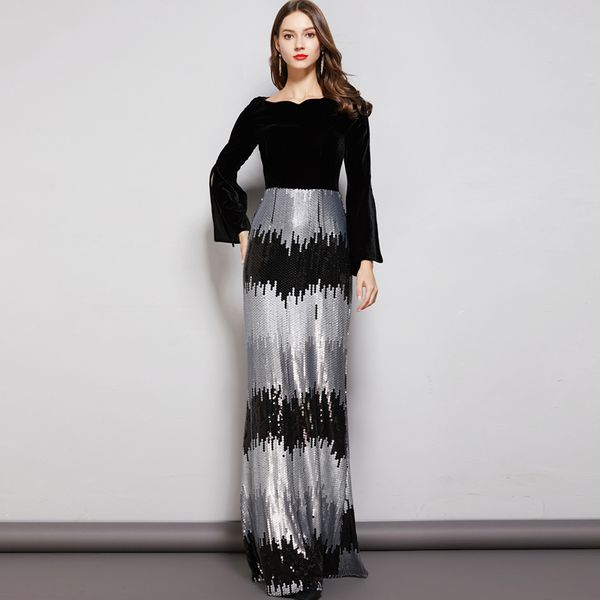 new collection womens evening party prom slash neckline waist sleeves velvet patchwork sequined elegant long dresses, White;black
new collection womens evening party prom slash neckline waist sleeves velvet patchwork sequined elegant long dresses, White;black