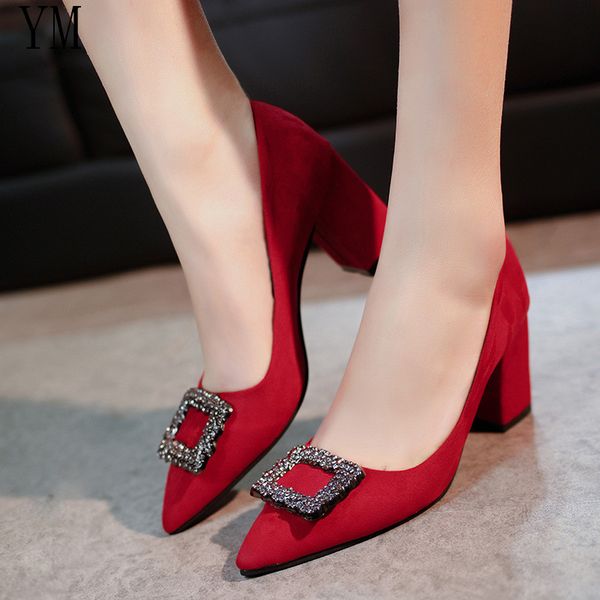 women pumps high heels lady suede leather crystal square buckle thick with autumn pointed single shoes wedding female sandals, Black 
women pumps high heels lady suede leather crystal square buckle thick with autumn pointed single shoes wedding female sandals, Black