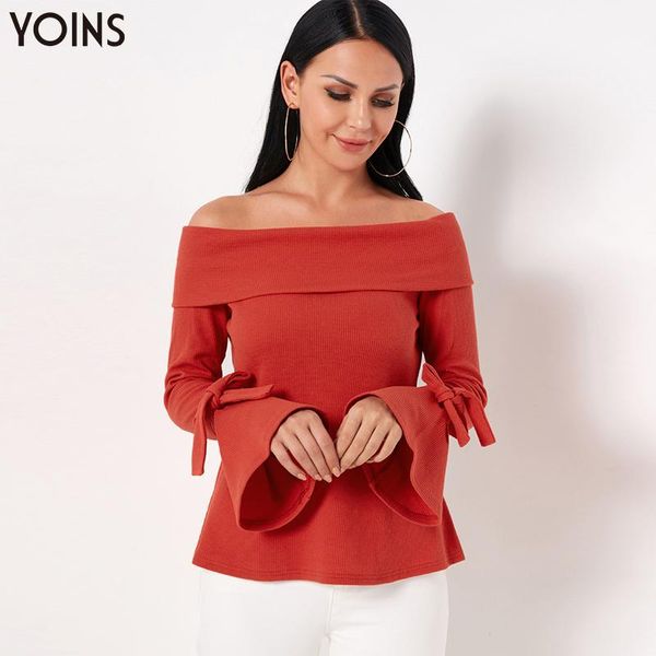 

yoins 2019 autumn winter women knitted sweater lace-up off-shoulder bell sleeve tie-up regular sweaters pullover casaco feminino, White;black