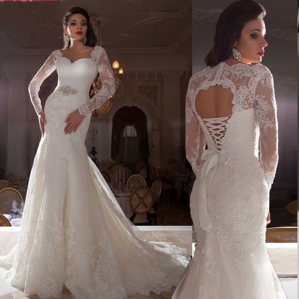 scoop mermaid wedding dresses with waist decoration lace applique fitted wedding dresses with sweep train tulle wedding dresses long sleeve, White
scoop mermaid wedding dresses with waist decoration lace applique fitted wedding dresses with sweep train tulle wedding dresses long sleeve, White