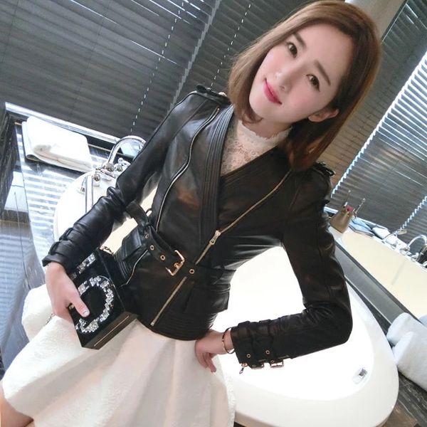 women's pu leather jackets adjustable waist zip punk motorcycle biker striped v-neck woman's coats spliced short outerwear wp022, Black
women's pu leather jackets adjustable waist zip punk motorcycle biker striped v-neck woman's coats spliced short outerwear wp022, Black