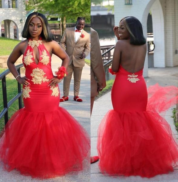 2021 backless african mermaid prom dresses halter neck gold appliqued backless evening gowns tulle formal dress plus size, Black;red
2021 backless african mermaid prom dresses halter neck gold appliqued backless evening gowns tulle formal dress plus size, Black;red