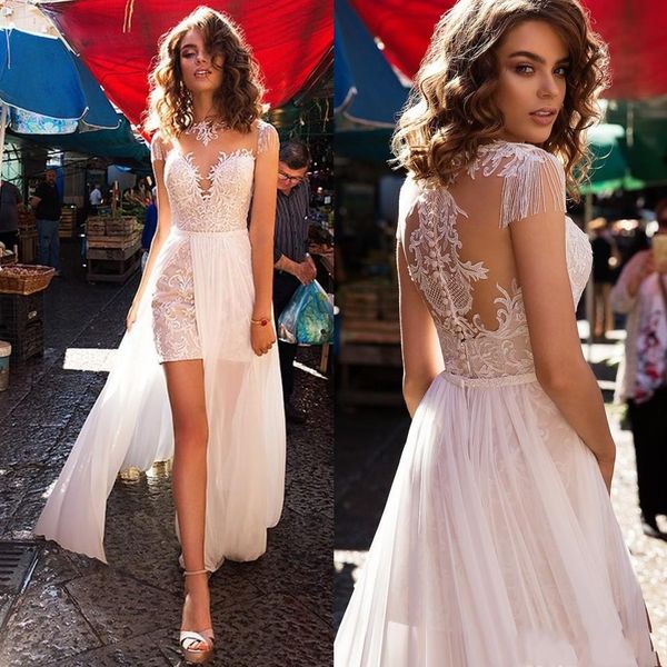 summer beach lace boho wedding dresses sheath 2020 sheer jewel neck cap sleeve bridal gown appliqued lace overskirts robes de mariee al5466, White
summer beach lace boho wedding dresses sheath 2020 sheer jewel neck cap sleeve bridal gown appliqued lace overskirts robes de mariee al5466, White