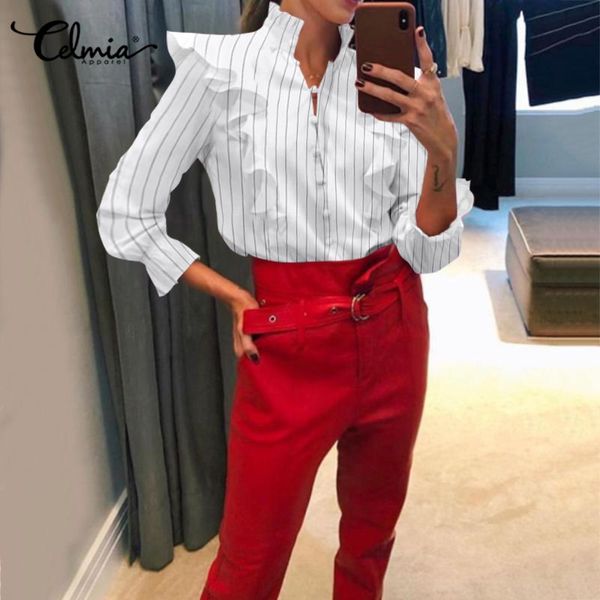 vintage striped shirts women and blouses celmia stand collar casual ruffled elegant office blusas plus size camisa s-5xl, White
vintage striped shirts women and blouses celmia stand collar casual ruffled elegant office blusas plus size camisa s-5xl, White