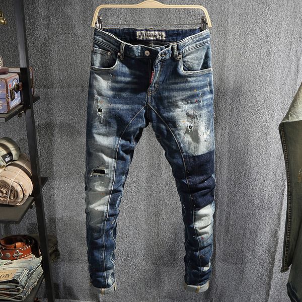 fashion streetwear men jeans spliced designer slim fit ripped jeans men painted denim pants hip hop homme, Blue
fashion streetwear men jeans spliced designer slim fit ripped jeans men painted denim pants hip hop homme, Blue