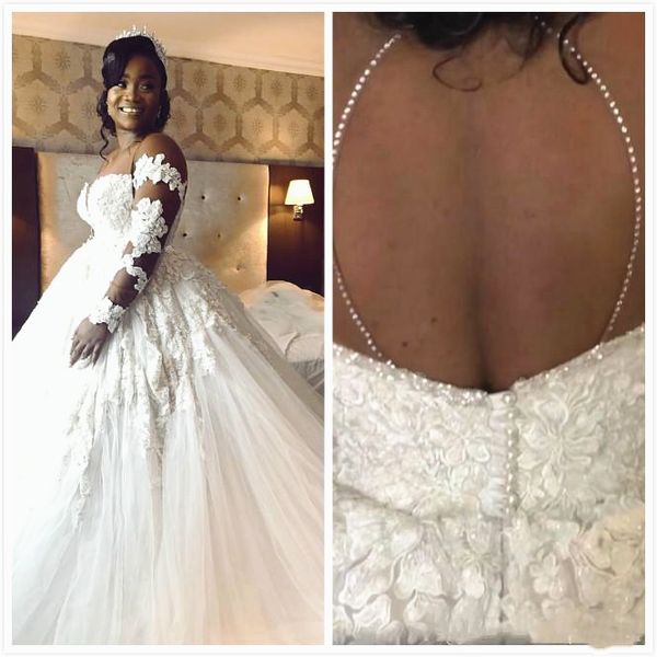 plus size ball gown wedding dress hollow back illusion long sleeve floral appliques lace long trail bridal gowns custom made, White
plus size ball gown wedding dress hollow back illusion long sleeve floral appliques lace long trail bridal gowns custom made, White