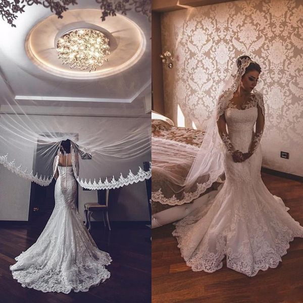 new mermaid wedding dresses jewel neck long sleeves illusion full lace appliques button back court train formal plus size bridal gowns, White
new mermaid wedding dresses jewel neck long sleeves illusion full lace appliques button back court train formal plus size bridal gowns, White