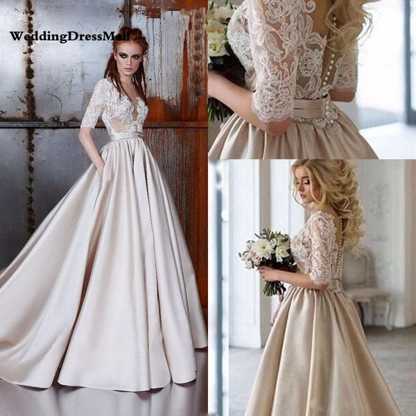 vintage lace champagne wedding dresses 2021 sheer neck half sleeves bridal gowns button dubai arabic occasion gown party dress, White
vintage lace champagne wedding dresses 2021 sheer neck half sleeves bridal gowns button dubai arabic occasion gown party dress, White
