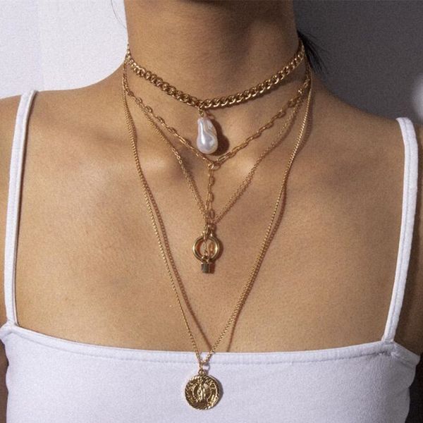 

diezi elegant multilayer baroque imitation pearls lock circle pendant necklace for women link chain choker necklace jewelry, Silver