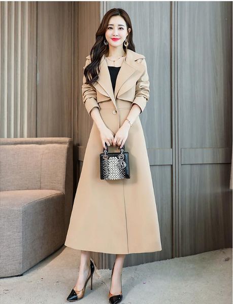 spring and autumn 2020 women's long slim was thin large size one buckle trench coat, Tan;black
spring and autumn 2020 women's long slim was thin large size one buckle trench coat, Tan;black