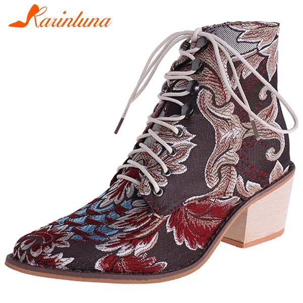 

karin 2019 print big size 43 ankle boots woman shoes chunky heels shoelaces women western boots female shoes booties, Black