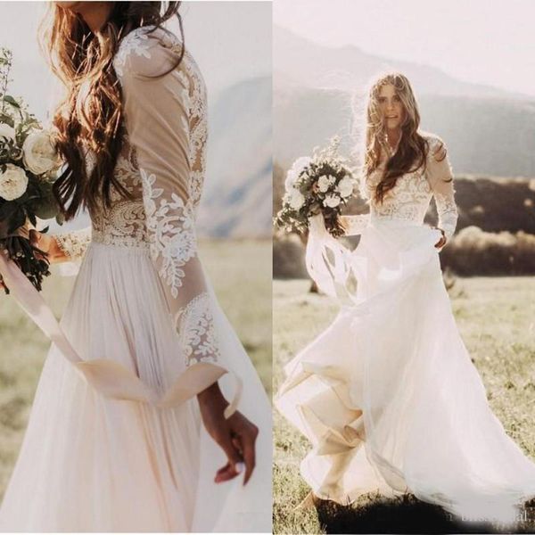 bohemian country wedding dresses with sheer long sleeves bateau neck a line lace applique chiffon boho bridal gown cheap, White
bohemian country wedding dresses with sheer long sleeves bateau neck a line lace applique chiffon boho bridal gown cheap, White