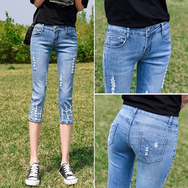 women ripped cropped jeans zipper skinny pencil pants rivet capri length thin jeans, Blue
women ripped cropped jeans zipper skinny pencil pants rivet capri length thin jeans, Blue