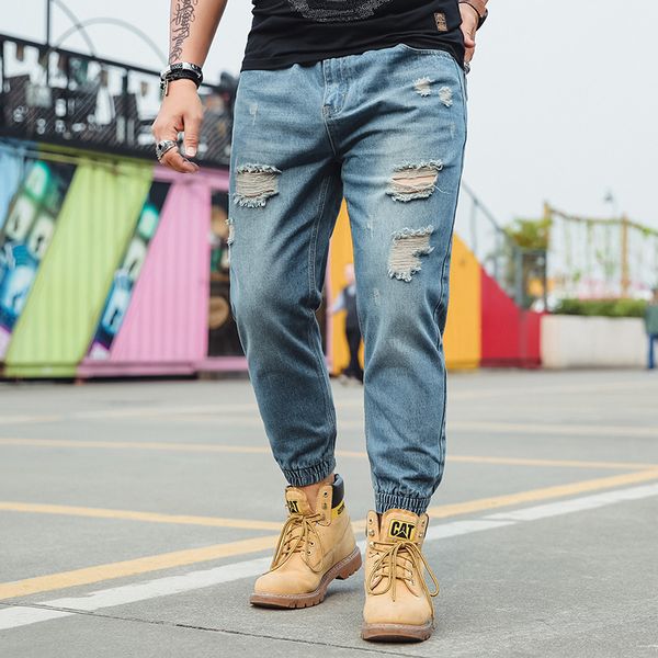 

plus size 6xl 2019 new fashion ripped jeans men patchwork hollow out printed beggar cropped pants man cowboys demin pants male, Blue