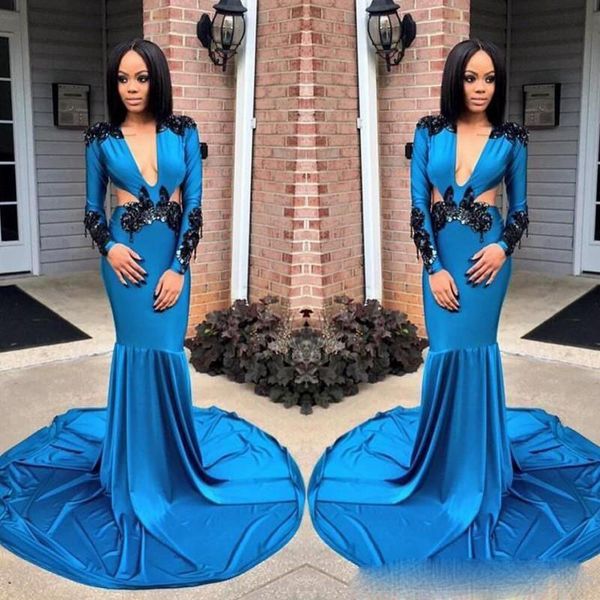 blue deep v neck prom dresses south african mermaid evening gowns lace appliques long sleeves sweep train, Black
blue deep v neck prom dresses south african mermaid evening gowns lace appliques long sleeves sweep train, Black