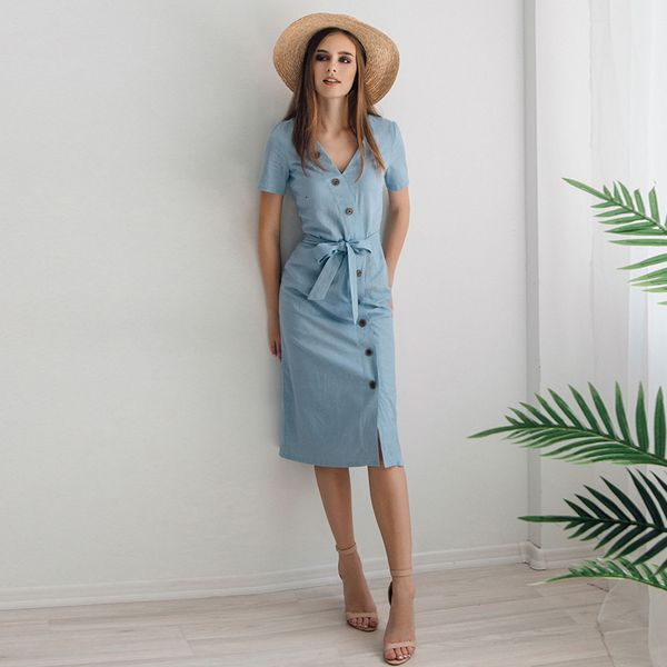 womens clothes summer dress blue vintage button bandage dress 2019 summer short sleeve zipper knee length vestidos elegant office ladies, Black;gray 
womens clothes summer dress blue vintage button bandage dress 2019 summer short sleeve zipper knee length vestidos elegant office ladies, Black;gray
