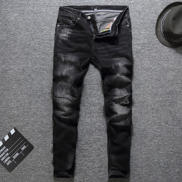 fashion classical men jeans black color white wash elastic ripped jeans spliced designer skinny fit streetwear hip hop men, Blue
fashion classical men jeans black color white wash elastic ripped jeans spliced designer skinny fit streetwear hip hop men, Blue