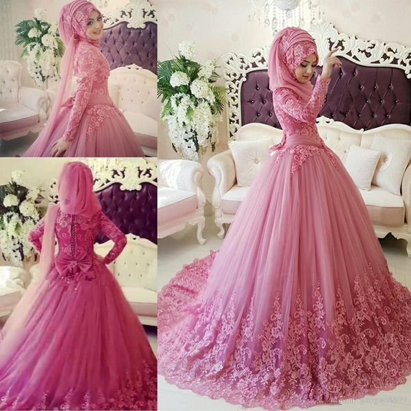

arabic muslim wedding dress 2019 turkish gelinlik lace applique ball gown islamic bridal dresses hijab long sleeve wedding gowns 309, White