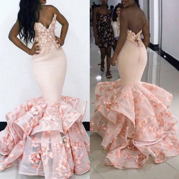 african mermaid prom dresses 2019 pink sweetheart backless evening gowns floral appliques tiered sweep train formal party dresses, Black
african mermaid prom dresses 2019 pink sweetheart backless evening gowns floral appliques tiered sweep train formal party dresses, Black