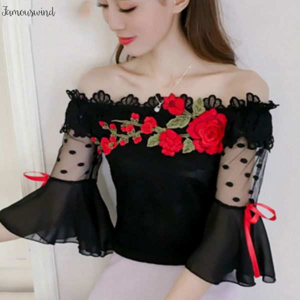 blouse fashion summer women shirt flower embroidery flare sleeve cloting lace womens black women floral blusas 6811 30, White 
blouse fashion summer women shirt flower embroidery flare sleeve cloting lace womens black women floral blusas 6811 30, White