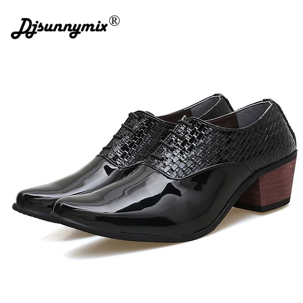 djsunnymix brands men oxford dress shoes lace up pointed toe high heels gold silver wedding groom shoes, Black