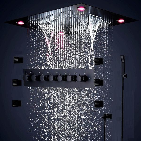 

24 Inches Bathroom Black Shower Set Large SUS304 6 Functions Shower Head Systerm Thermostatic Mixer Waterfall Jets Led Ceiling Light