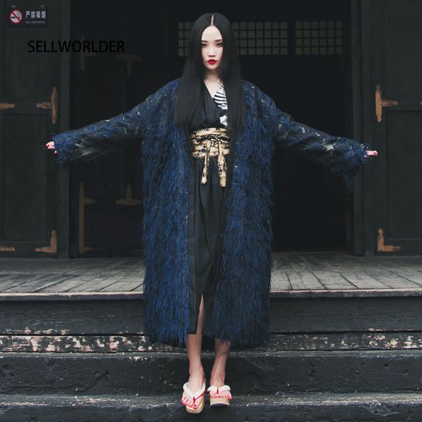 2019 handmade japan style grand blue line embroidery tassel thick cotton coats two side long jackets, Black
2019 handmade japan style grand blue line embroidery tassel thick cotton coats two side long jackets, Black
