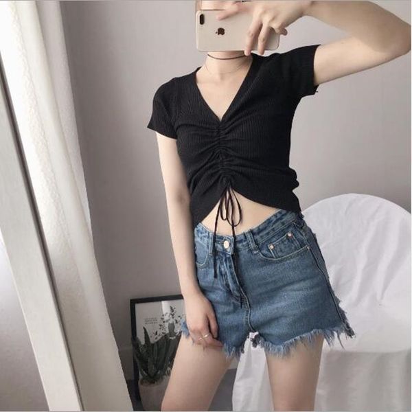 knitted v-neck pleated laceing bow tees women drawstrings thin ladies summer t-shirt wild small shirts solid knit n13, White
knitted v-neck pleated laceing bow tees women drawstrings thin ladies summer t-shirt wild small shirts solid knit n13, White
