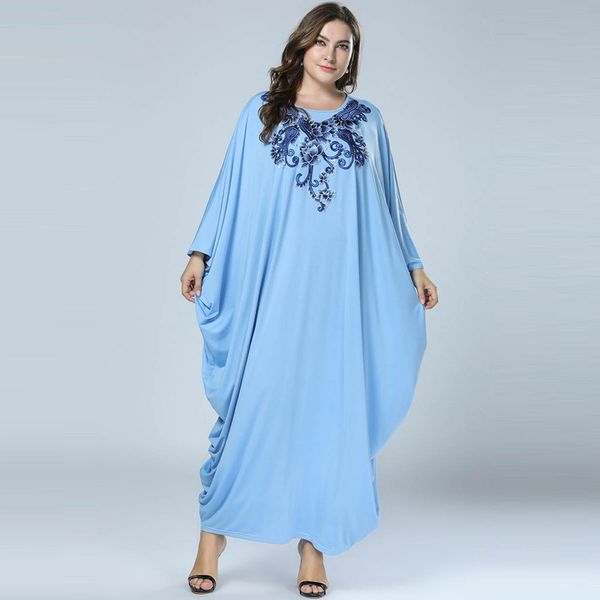 plus size quality new arab elegant loose abaya kaftan islamic embroidered muslim dress clothing women light blue dubai abaya, Red