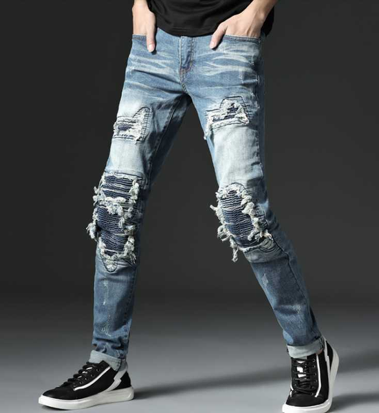 distressed patch hole biker jeans punk rock men's slim straight jeans stretch cotton denim ripped fashion pants, Blue
distressed patch hole biker jeans punk rock men's slim straight jeans stretch cotton denim ripped fashion pants, Blue