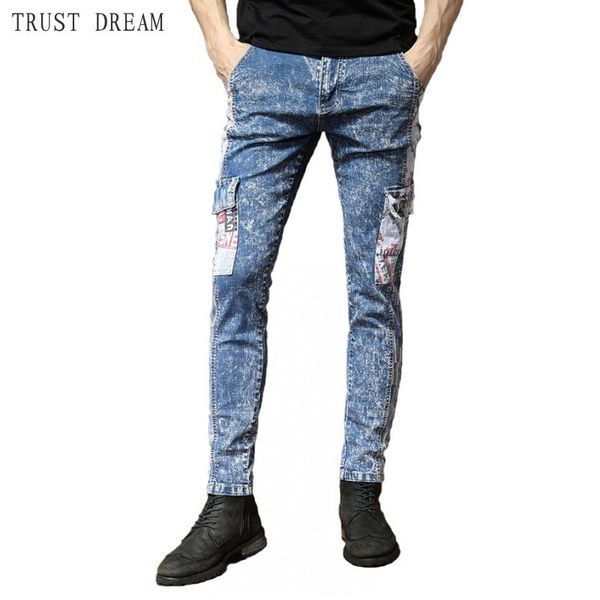 2019 new fashion men's jeans cargo, Blue
