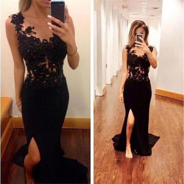 setwell side split mermaid prom dress sheer lace jewel crystal applique evening gowns custom made simple special occasion dress, Black
setwell side split mermaid prom dress sheer lace jewel crystal applique evening gowns custom made simple special occasion dress, Black