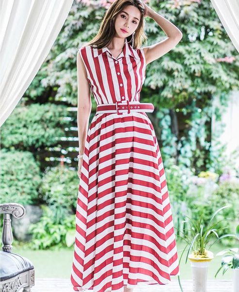 2020 a line elegant striped women dresses summer sleeveless single-breasted shirt dress party office lady big swing a-line dress with belt, Black;gray
2020 a line elegant striped women dresses summer sleeveless single-breasted shirt dress party office lady big swing a-line dress with belt, Black;gray