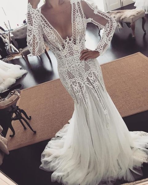 2019 lace mermaid wedding dresses sheer jewel neck lace appliqued sweep train beach wedding dress custom long sleeve plus size bridal gowns, White
2019 lace mermaid wedding dresses sheer jewel neck lace appliqued sweep train beach wedding dress custom long sleeve plus size bridal gowns, White