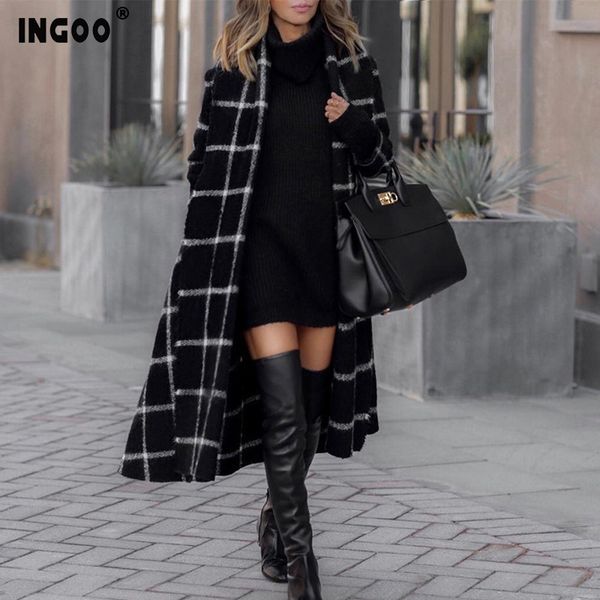 ingoo autumn winter black white plaid wool coat women with belt long sleeve button wide waist loose long coats office lady
ingoo autumn winter black white plaid wool coat women with belt long sleeve button wide waist loose long coats office lady