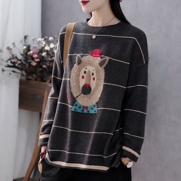new winter outer wear round neck wool sweater loose pullover striped sweater female lion 8202, White;black
new winter outer wear round neck wool sweater loose pullover striped sweater female lion 8202, White;black