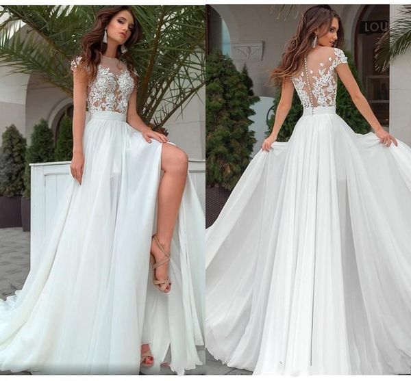 boho beach a line wedding dress sheer neck cap sleeves sheer neck high side split appliques chiffon bohemian wedding dress bridal gown, White
boho beach a line wedding dress sheer neck cap sleeves sheer neck high side split appliques chiffon bohemian wedding dress bridal gown, White