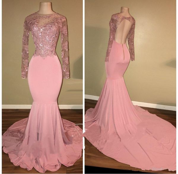 2019 new light pink sheer long sleeves satin mermaid prom dresses lace applique beaded backless sweep train formal party evening dresses, Black
2019 new light pink sheer long sleeves satin mermaid prom dresses lace applique beaded backless sweep train formal party evening dresses, Black