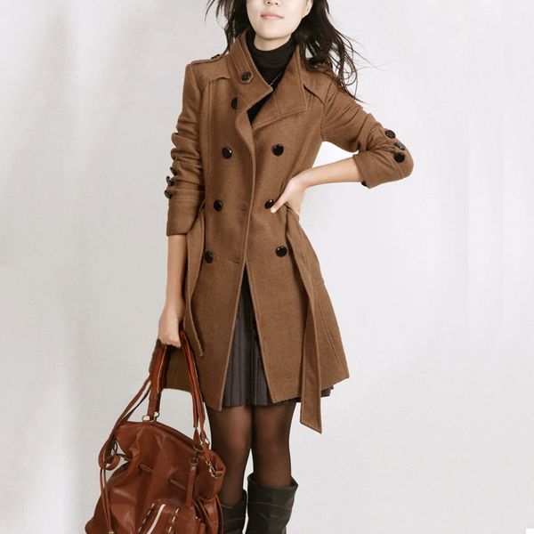 women slim fit waist woolen coat medium long woolen coat trench women, Black