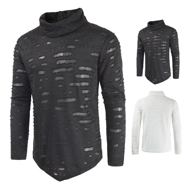 2020 spring and autumn with holes long-sleeved t-shirt pullover heap collar men's t-shirts, White;black
2020 spring and autumn with holes long-sleeved t-shirt pullover heap collar men's t-shirts, White;black