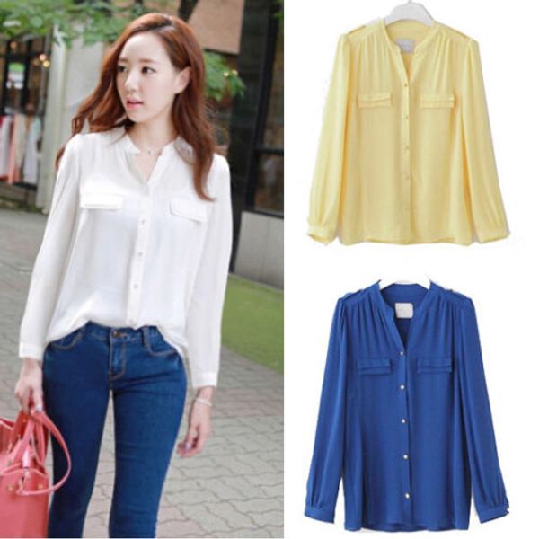 cute ladies women's chiffon solid casual loose ol formal long sleeve button down shirt casual shirts, White
cute ladies women's chiffon solid casual loose ol formal long sleeve button down shirt casual shirts, White