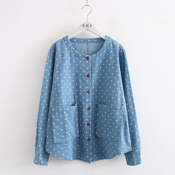 2019 autumn new e point printing round neck long-sleeved shirt female loose small dot denim shirt top, White
2019 autumn new e point printing round neck long-sleeved shirt female loose small dot denim shirt top, White