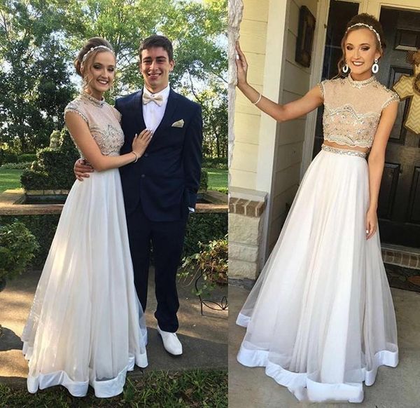 white two piece prom dresses 2020 high beaded neck cap sleeves 2020 floor length tulle custom made evening gown formal occsion wear, Black
white two piece prom dresses 2020 high beaded neck cap sleeves 2020 floor length tulle custom made evening gown formal occsion wear, Black