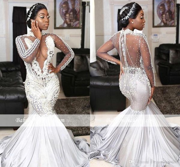 2019 arabic mermaid wedding dresses appliqued beads pearl high neck long sleeves lace wedding dress plus size bridal gowns vestidos de noiva, White
2019 arabic mermaid wedding dresses appliqued beads pearl high neck long sleeves lace wedding dress plus size bridal gowns vestidos de noiva, White